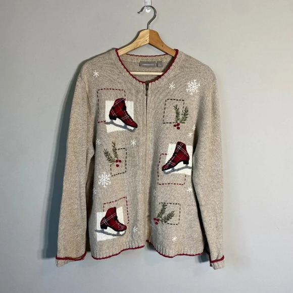 Vtg Croft & Barrow Ice Skating Christmas Wool Angora Full Zip Sweater Women's L - Picture 2 of 15